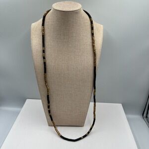 Vintage African Style Brass Black Glass Bead Necklace Ethnic Tribal Boho Jewelry